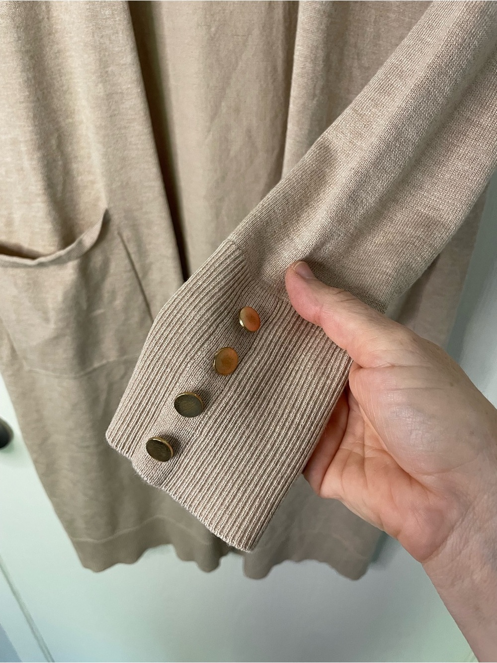 Cyrus Long Open Front Cardigan Small Beige Duster Pocket Button Cuff - Picture 4 of 8